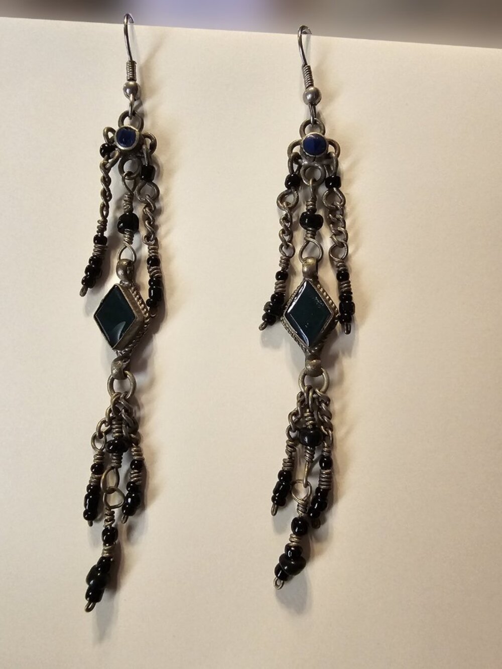 Boho Chandelier Earrings Antiqued Two Tone Green Stone Black Beaded Dangle